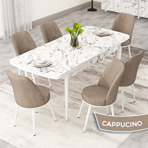 Rax Serisi 80x132 Açılabilir Beyaz Mermer Desen Mutfak Masası Takımı Ve 6 Cappucino Sandalye Cappucino