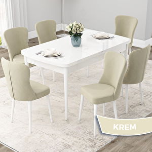 Due Serisi 80x132 Açılabilir Beyaz Mutfak Masası Takımı Ve 6 Krem Sandalye Krem
