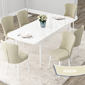 Due Serisi 80x132 Açılabilir Beyaz Mutfak Masası Takımı Ve 6 Krem Sandalye Krem