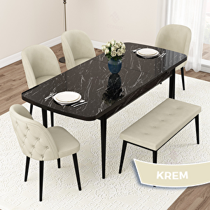 Jae Serisi 80x132 Açılabilir Siyah Mermer Desen Mutfak Masası Takımı Ve 4 Krem Sandalye Ve 1 Bench Krem