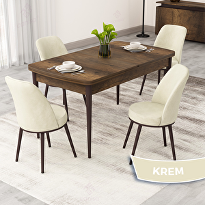 Rax Serisi 80x132 Açılabilir Barok Ahşap Desen Mutfak Masası Takımı Ve 4 Krem Sandalye Krem