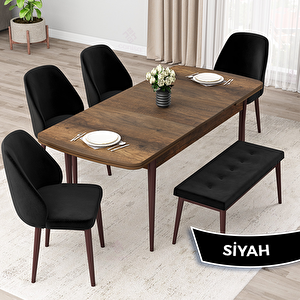 Orf Serisi 80x132 Açılabilir Barok Ahşap Desen Mutfak Masası Takımı Ve 4 Siyah Sandalye Ve 1 Bench Siyah