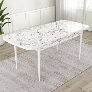 Orf Serisi 80x132 Açılabilir Beyaz Mermer Desen Mutfak Masası Takımı Ve 4 Krem Sandalye Ve 1 Bench