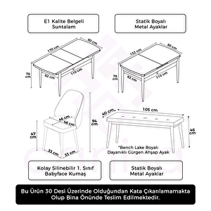 Orf Serisi 80x132 Açılabilir Beyaz Mermer Desen Mutfak Masası Takımı Ve 4 Krem Sandalye Ve 1 Bench
