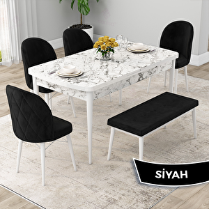Rut Serisi 80x132 Açılabilir Beyaz Mermer Desen Mutfak Masası Takımı Ve 4 Siyah Sandalye Ve 1 Bench Siyah