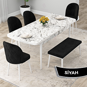 Rut Serisi 80x132 Açılabilir Beyaz Mermer Desen Mutfak Masası Takımı Ve 4 Siyah Sandalye Ve 1 Bench Siyah
