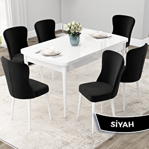 Due Serisi 80x132 Açılabilir Beyaz Mutfak Masası Takımı Ve 6 Siyah Sandalye Siyah