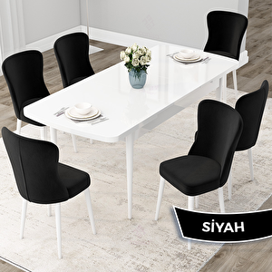Due Serisi 80x132 Açılabilir Beyaz Mutfak Masası Takımı Ve 6 Siyah Sandalye Siyah
