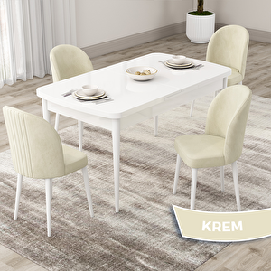 Roe Serisi 80x132 Açılabilir Beyaz Mutfak Masası Takımı Ve 4 Krem Sandalye Krem