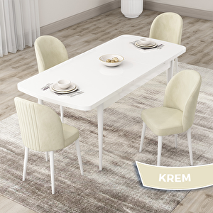 Roe Serisi 80x132 Açılabilir Beyaz Mutfak Masası Takımı Ve 4 Krem Sandalye Krem
