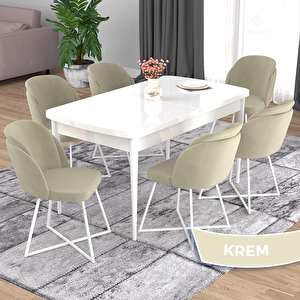 Oga Serisi 80x132 Açılabilir Beyaz Mutfak Masası Takımı Ve 6 Krem Sandalye Krem