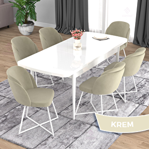 Oga Serisi 80x132 Açılabilir Beyaz Mutfak Masası Takımı Ve 6 Krem Sandalye Krem