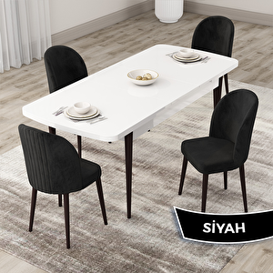 Roe Serisi 80x132 Açılabilir Beyaz Masa Ceviz Ayak Mutfak Masası Takımı Ve 4 Siyah Sandalye Siyah