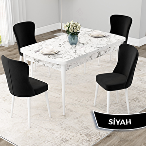 Due Serisi 80x132 Açılabilir Beyaz Mermer Desen Mutfak Masası Takımı Ve 4 Siyah Sandalye Siyah