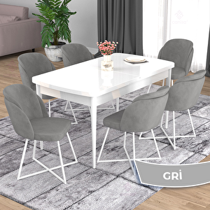 Oga Serisi 80x132 Açılabilir Beyaz Mutfak Masası Takımı Ve 6 Gri Sandalye Gri