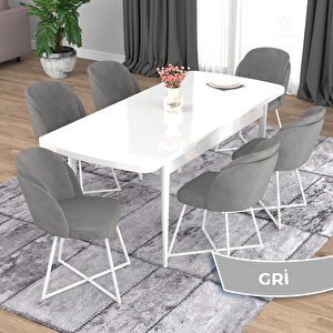 Oga Serisi 80x132 Açılabilir Beyaz Mutfak Masası Takımı Ve 6 Gri Sandalye Gri