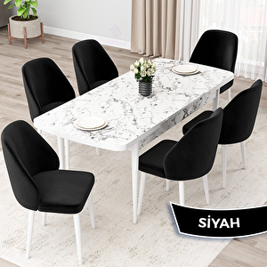 Orf Serisi 80x132 Açılabilir Beyaz Mermer Desen Mutfak Masası Takımı Ve 6 Siyah Sandalye Siyah