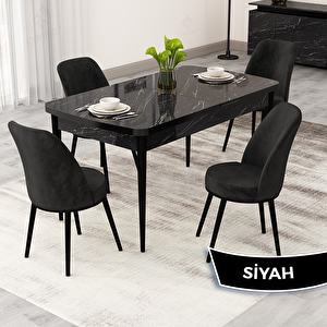Rax Serisi 80x132 Açılabilir Siyah Mermer Desen Mutfak Masası Takımı Ve 4 Siyah Sandalye Siyah