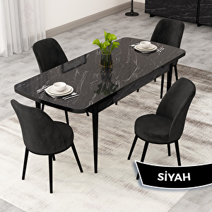 Rax Serisi 80x132 Açılabilir Siyah Mermer Desen Mutfak Masası Takımı Ve 4 Siyah Sandalye Siyah