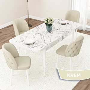 Jae Serisi 80x132 Açılabilir Beyaz Mermer Desen Mutfak Masası Takımı Ve 4 Krem Sandalye Krem