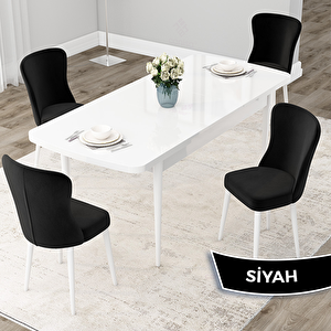 Due Serisi 80x132 Açılabilir Beyaz Mutfak Masası Takımı Ve 4 Siyah Sandalye Siyah
