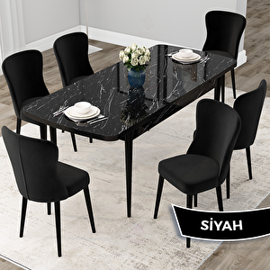 Due Serisi 80x132 Açılabilir Siyah Mermer Desen Mutfak Masası Takımı Ve 6 Siyah Sandalye Siyah