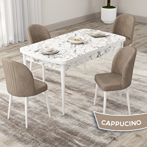 Roe Serisi 80x132 Açılabilir Beyaz Mermer Desen Mutfak Masası Takımı Ve 4 Cappucino Sandalye Cappucino