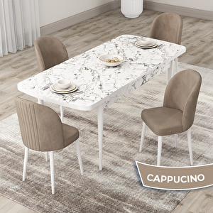Roe Serisi 80x132 Açılabilir Beyaz Mermer Desen Mutfak Masası Takımı Ve 4 Cappucino Sandalye Cappucino