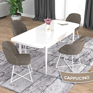 Oga Serisi 80x132 Açılabilir Beyaz Mutfak Masası Takımı Ve 4 Cappucino Sandalye Cappucino