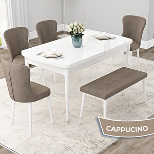 Due Serisi 80x132 Açılabilir Beyaz Mutfak Masası Takımı Ve 4 Cappucino Sandalye Ve 1 Bench Cappucino