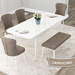 Due Serisi 80x132 Açılabilir Beyaz Mutfak Masası Takımı Ve 4 Cappucino Sandalye Ve 1 Bench Cappucino