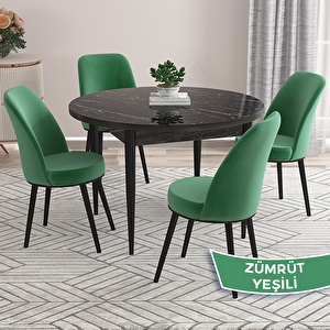Kea Serisi Yuvarlak Siyah Mermer Desen Mutfak Masası Takımı Ve 4 Zümrüt Yeşili Sandalye Siyah