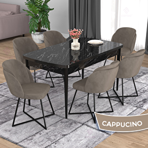 Oga Serisi 80x132 Açılabilir Siyah Mermer Desen Mutfak Masası Takımı Ve 6 Cappucino Sandalye Cappucino