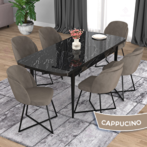 Oga Serisi 80x132 Açılabilir Siyah Mermer Desen Mutfak Masası Takımı Ve 6 Cappucino Sandalye Cappucino