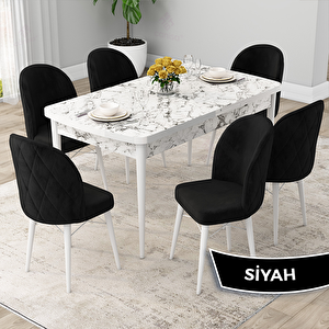 Rut Serisi 80x132 Açılabilir Beyaz Mermer Desen Mutfak Masası Takımı Ve 6 Siyah Sandalye Siyah