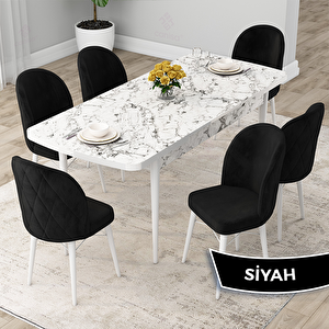 Rut Serisi 80x132 Açılabilir Beyaz Mermer Desen Mutfak Masası Takımı Ve 6 Siyah Sandalye Siyah