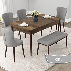 Due Serisi 80x132 Açılabilir Barok Ahşap Desen Mutfak Masası Takımı Ve 4 Gri Sandalye Ve 1 Bench Gri