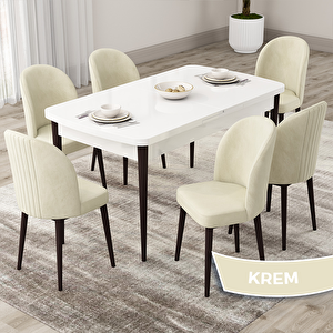 Roe Serisi 80x132 Açılabilir Beyaz Masa Ceviz Ayak Mutfak Masası Takımı Ve 6 Krem Sandalye Krem