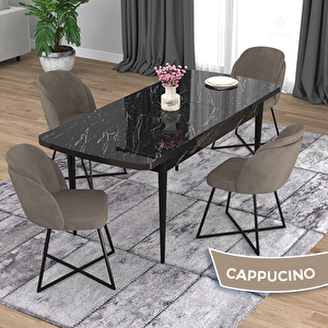 Oga Serisi 80x132 Açılabilir Siyah Mermer Desen Mutfak Masası Takımı Ve 4 Cappucino Sandalye Cappucino
