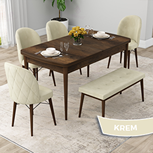 Rut Serisi 80x132 Açılabilir Barok Ahşap Desen Mutfak Masası Takımı Ve 4 Krem Sandalye Ve 1 Bench Krem