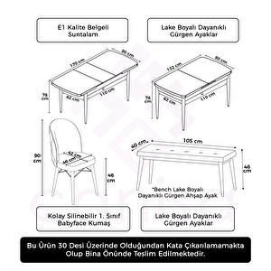 Rut Serisi 80x132 Açılabilir Barok Ahşap Desen Mutfak Masası Takımı Ve 4 Krem Sandalye Ve 1 Bench