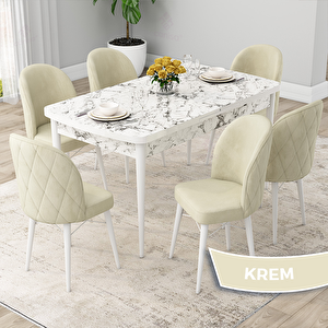 Rut Serisi 80x132 Açılabilir Beyaz Mermer Desen Mutfak Masası Takımı Ve 6 Krem Sandalye Krem