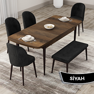 Roe Serisi 80x132 Açılabilir Barok Ahşap Desen Mutfak Masası Takımı Ve 4 Siyah Sandalye Ve 1 Bench Siyah