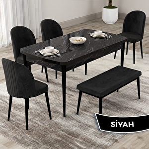 Roe Serisi 80x132 Açılabilir Siyah Mermer Desen Mutfak Masası Takımı Ve 4 Siyah Sandalye Ve 1 Bench Siyah