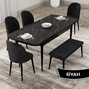 Roe Serisi 80x132 Açılabilir Siyah Mermer Desen Mutfak Masası Takımı Ve 4 Siyah Sandalye Ve 1 Bench Siyah