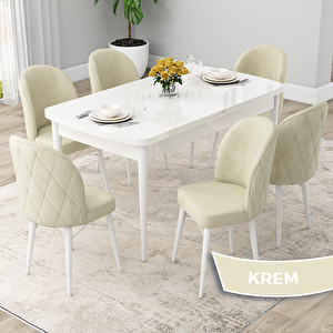 Rut Serisi 80x132 Açılabilir Beyaz Mutfak Masası Takımı Ve 6 Krem Sandalye Krem