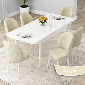 Rut Serisi 80x132 Açılabilir Beyaz Mutfak Masası Takımı Ve 6 Krem Sandalye Krem