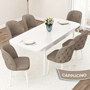 Jae Serisi 80x132 Açılabilir Beyaz Mutfak Masası Takımı Ve 6 Cappucino Sandalye Cappucino