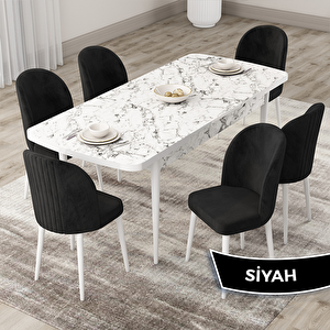 Roe Serisi 80x132 Açılabilir Beyaz Mermer Desen Mutfak Masası Takımı Ve 6 Siyah Sandalye Siyah