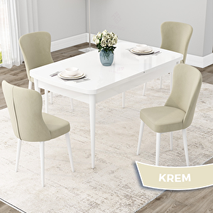 Due Serisi 80x132 Açılabilir Beyaz Mutfak Masası Takımı Ve 4 Krem Sandalye Krem